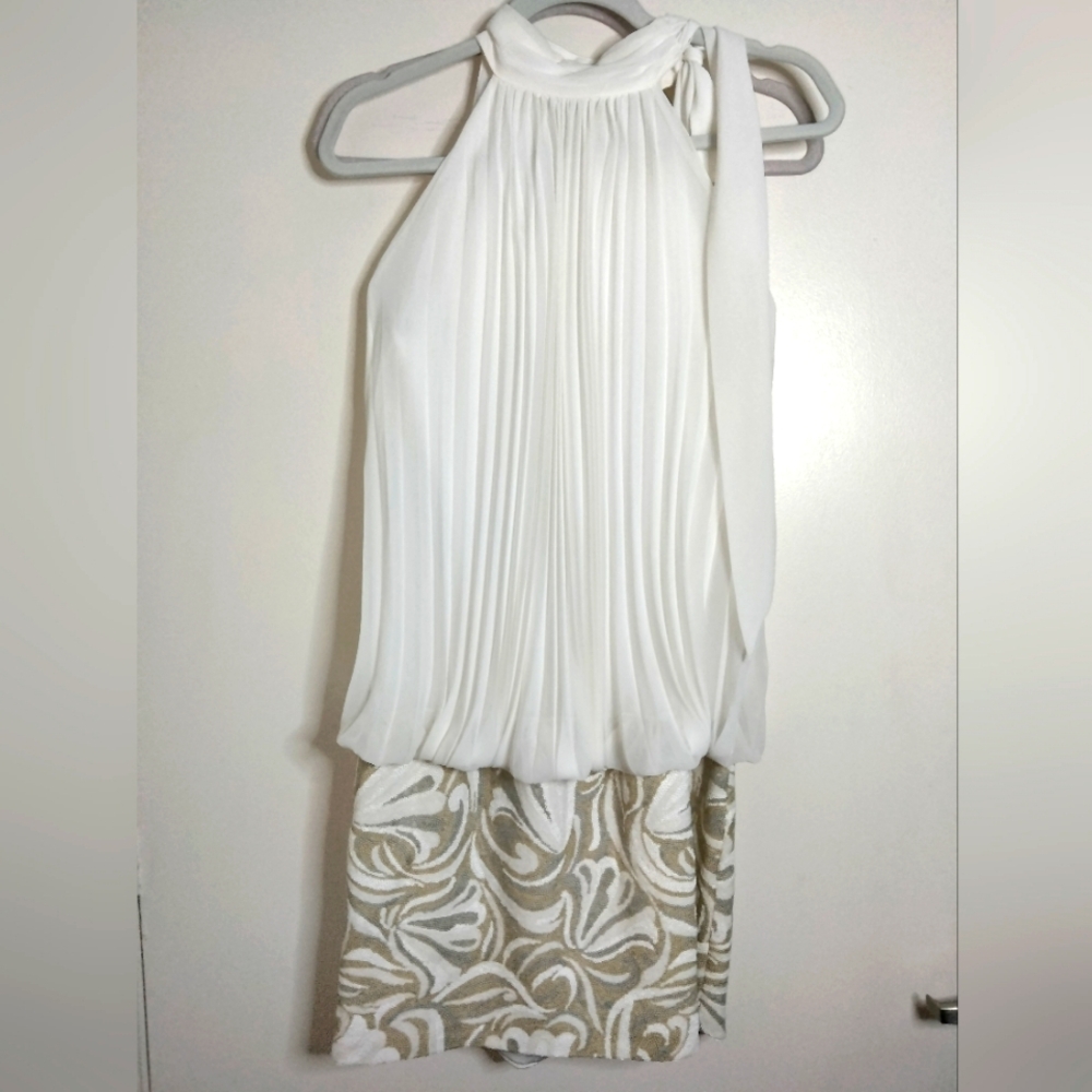 Cache (Size L) Vintage White Halter Tie & Multicolored Sequin Skirt Mini Dress